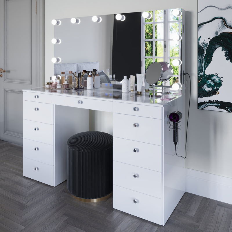 Boahaus Orla Makeup Vanity Table with Built-in Lights, USB Ports & Glass Top | Premium Design (OSTK)