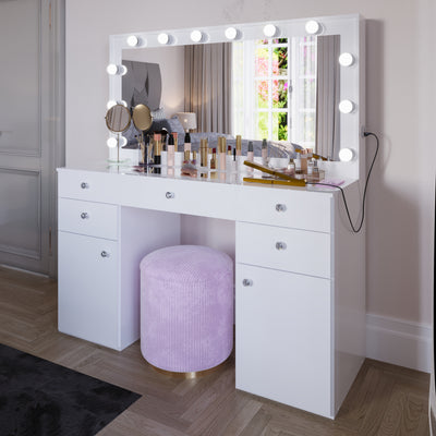 Boahaus Kiana Lighted Vanity Table with Glass Top | White Premium Design (OSTK)