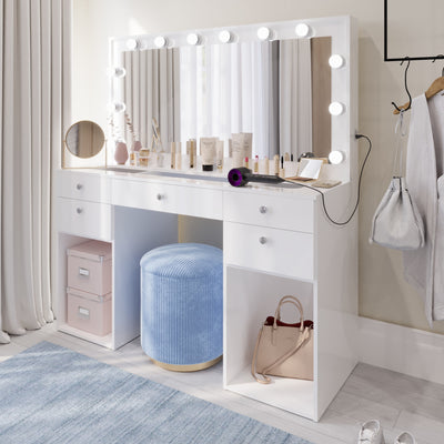 Boahaus Amira Lighted Vanity Table with Glass Top | White Premium Design (OSTK)