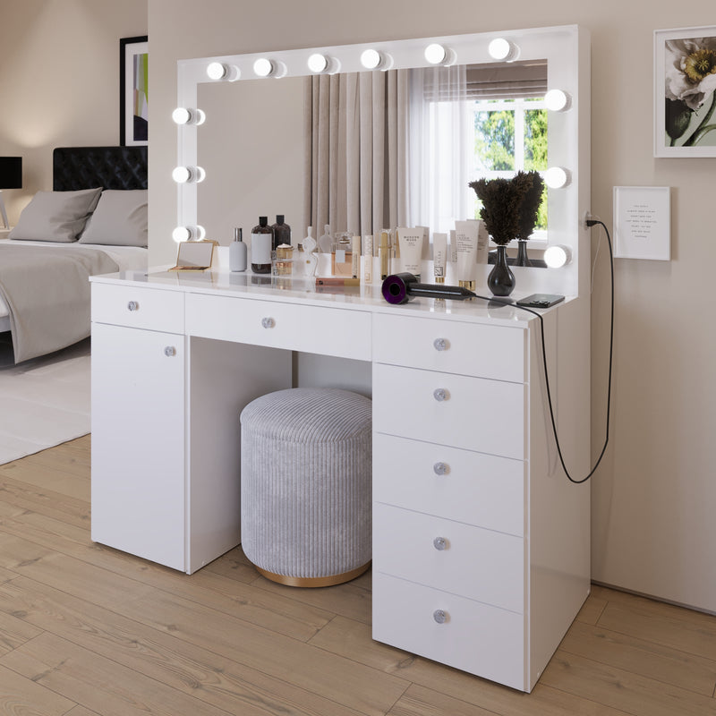 Boahaus Jezebel Lighted Vanity Table with Glass Top | White Premium Design (OSTK)