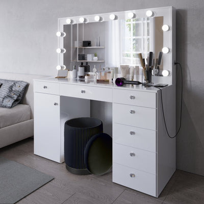 Boahaus Jezebel Lighted Vanity Table with Glass Top | White Premium Design
