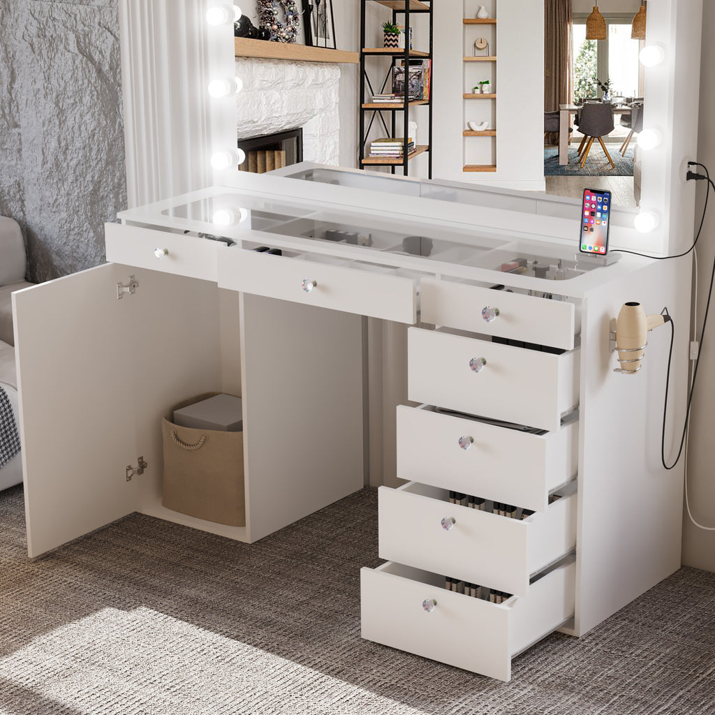 modern white dressing table Jezebel Lighted Vanity Table with Glass Top – Boahaus