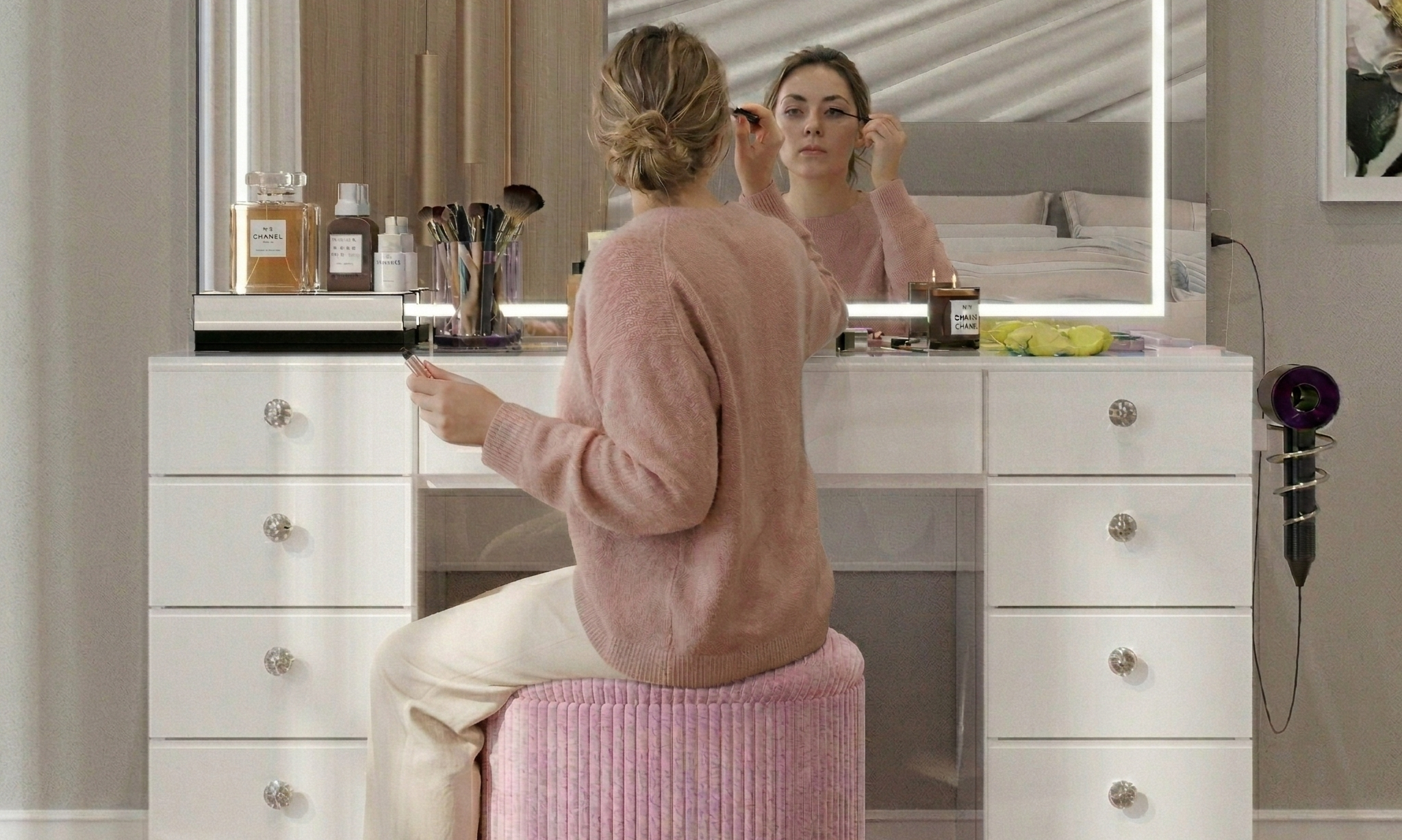 Boahaus modern white vanity with LED mirror in luxury bedroom