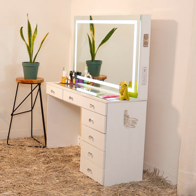 boahaus artemisia dressing table ebern designs Boahaus Artemisia Makeup Desk, Modern Bedroom Vanity Table, Black, Wide Mirror, 07 Drawers
