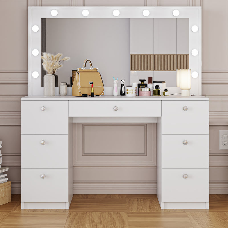 Freya Makeup Vanity Desk with Lights, Crystal Knobs & Ample Storage