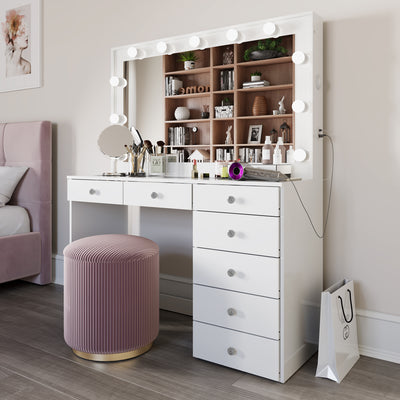 Vera Makeup Vanity with Glass Top, Bluetooth Speakers, and Ample Storage | Premium Boahaus Vanity