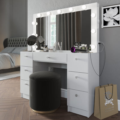 Wren Makeup Vanity with Luxurious Glass Top, Jewelry Divider, and Charging Station | Premium Boahaus Vanity