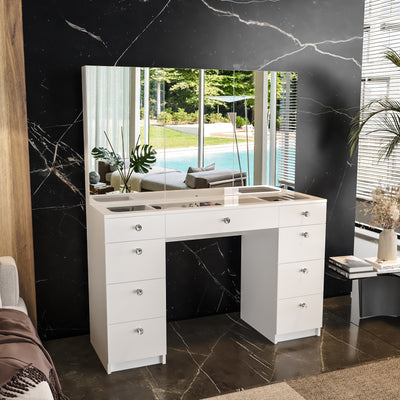 Boahaus Lily Makeup Vanity Table with Frameless Cabinet Mirrors & Glass Top | Elegance Redefined