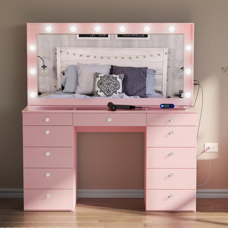 Elle Makeup Vanity with Glass Top, Bluetooth Speakers, and 12 Bright Lights | Premium Boahaus Vanity