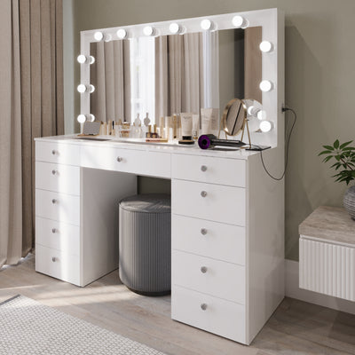 Boahaus Orla Makeup Vanity Table with Built-in Lights, USB Ports & Glass Top | Premium Design