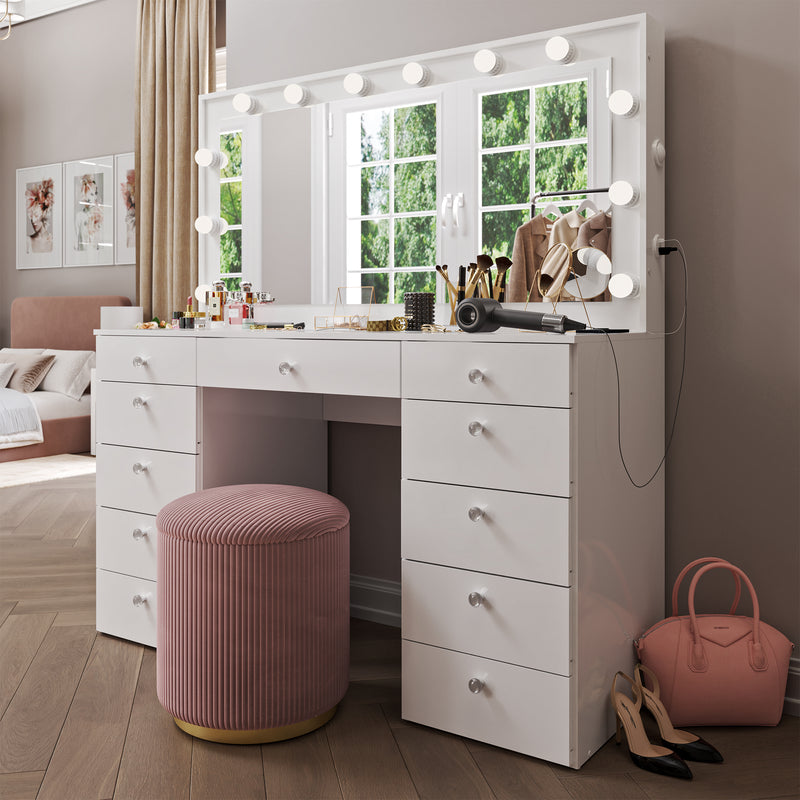 Elle Makeup Vanity with Glass Top, Bluetooth Speakers, and 12 Bright Lights | Premium Boahaus Vanity