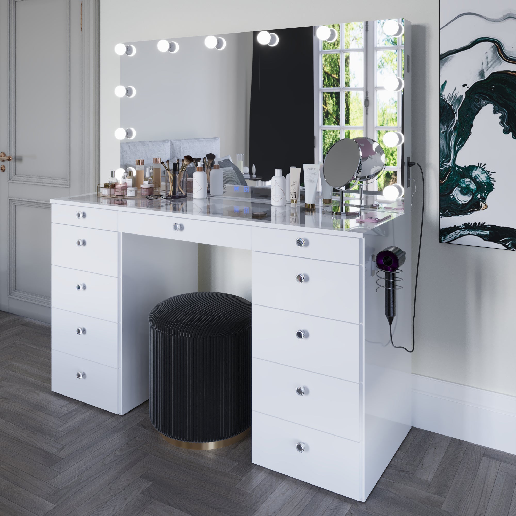 Boahaus Orla Makeup Vanity Table with Built-in Lights, USB