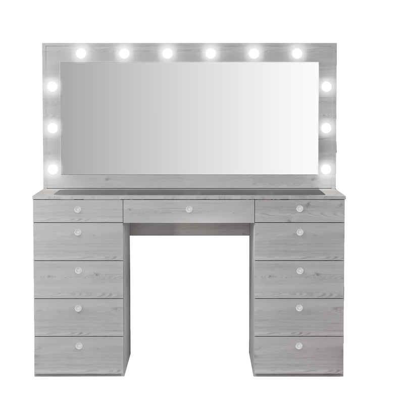 Elle Makeup Vanity with Glass Top, Bluetooth Speakers, and 12 Bright Lights | Premium Boahaus Vanity
