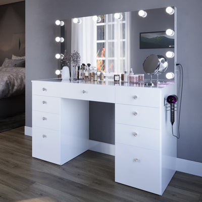 Boahaus Leonore Lighted Vanity Table with Glass Top | White Premium Design