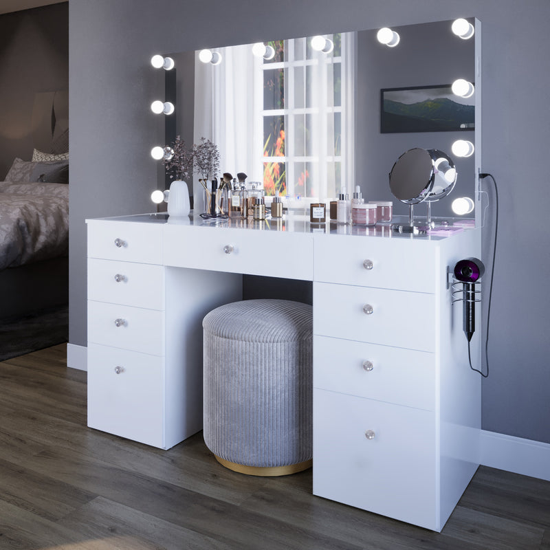 Boahaus Leonore Lighted Vanity Table with Glass Top | White Premium Design