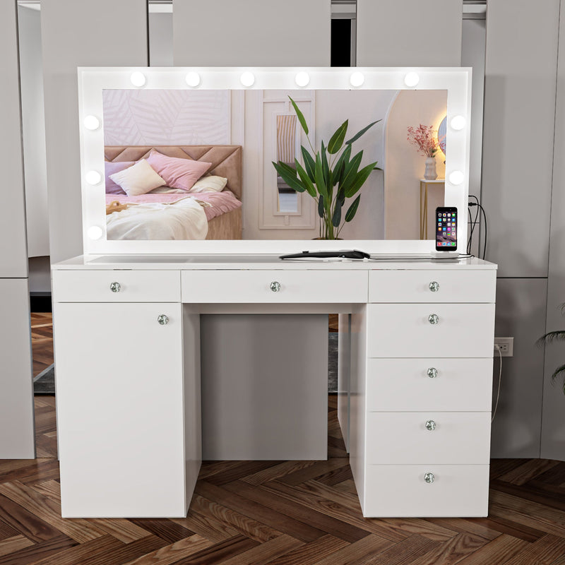 Boahaus Jezebel Lighted Vanity Table with Glass Top | White Premium Design