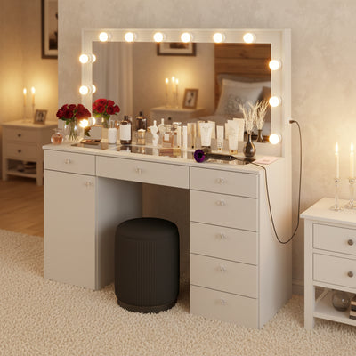 Jezebel Lighted Vanity Table with Glass Top | White Premium Design