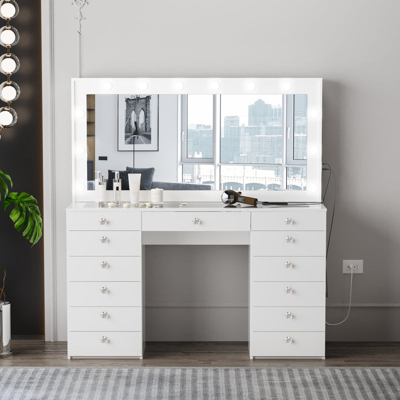 Boahaus Lindsay Lighted Vanity Table with Glass Top | White Premium Design