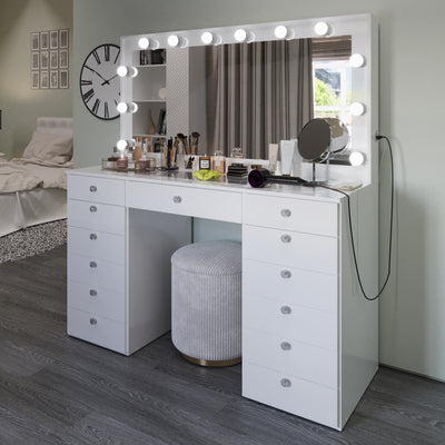 Boahaus Lindsay Lighted Vanity Table with Glass Top | White Premium Design