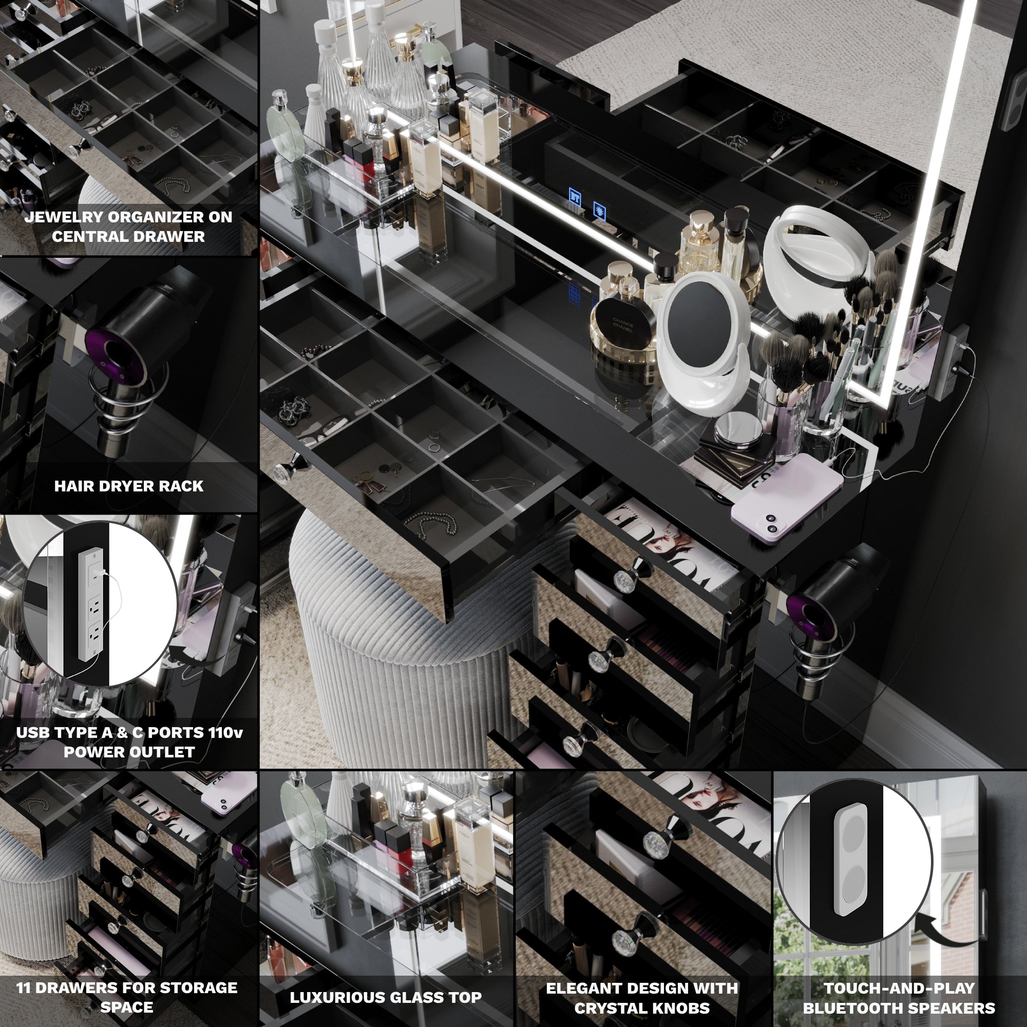 Amelia Premium Makeup Vanity with Full-Width LED Mirror, Bluetooth Speakers, and 11 Storage Drawers | Boahaus Vanity (W)