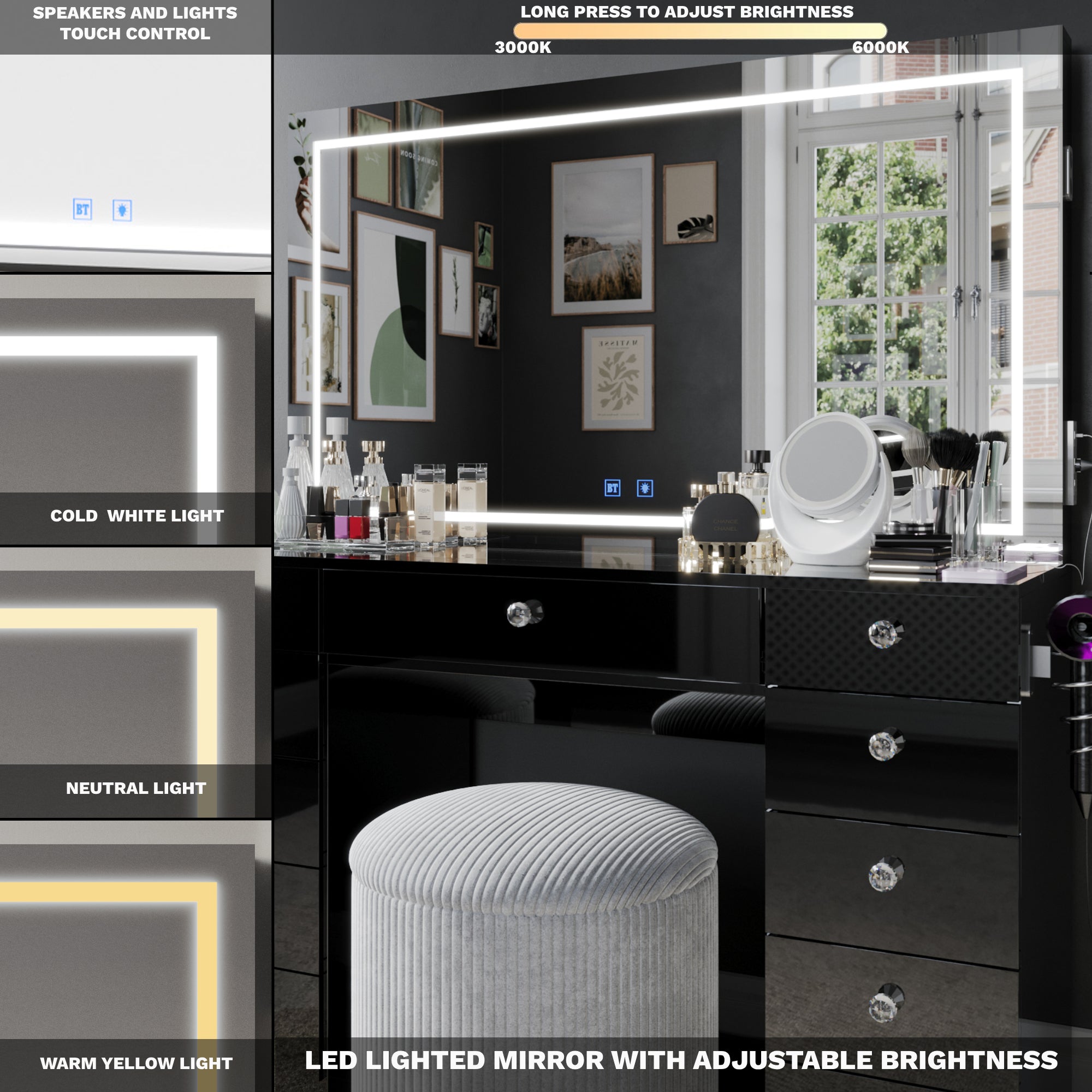 Amelia Premium Makeup Vanity with Full-Width LED Mirror, Bluetooth Speakers, and 11 Storage Drawers | Boahaus Vanity (W)