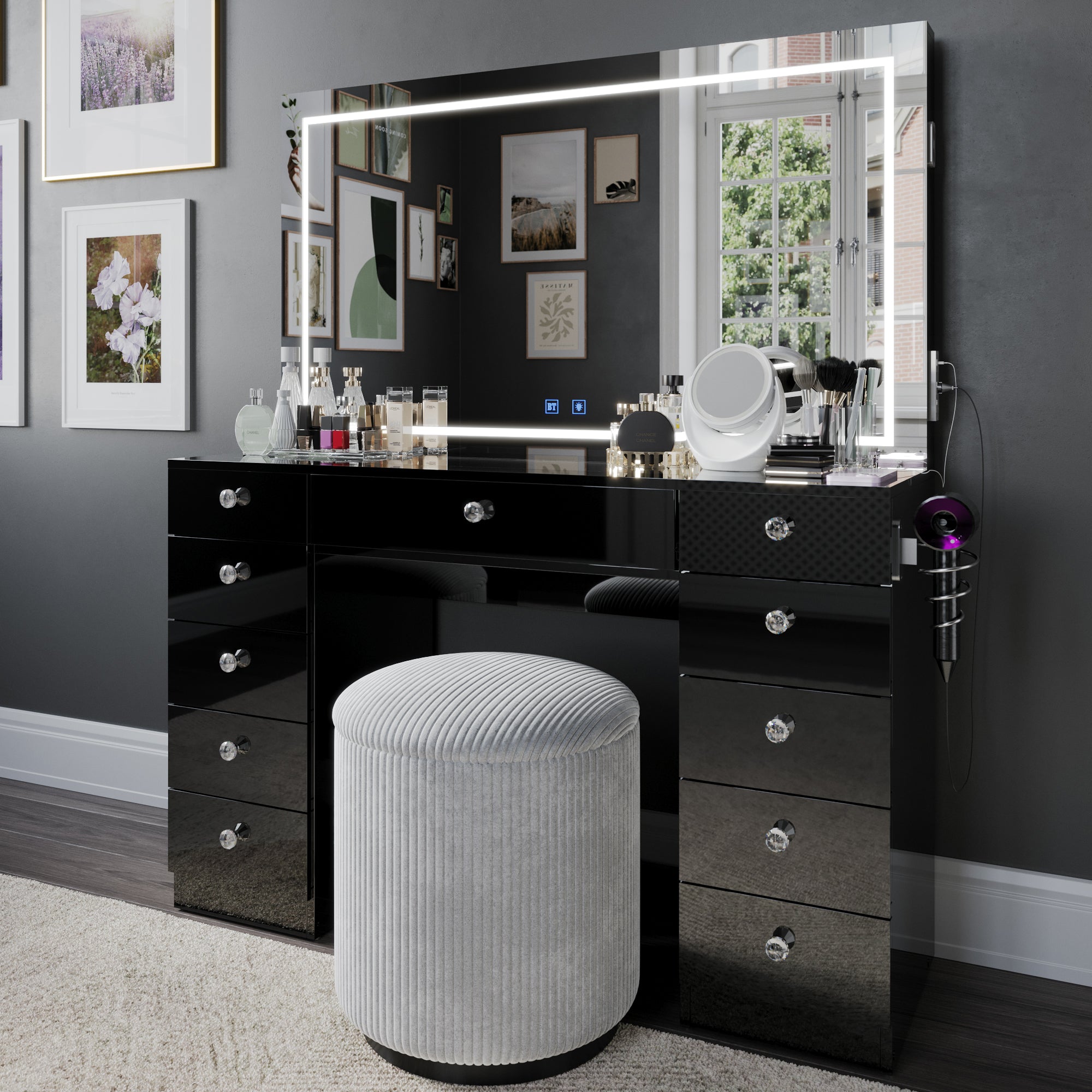 Amelia Premium Makeup Vanity with Full-Width LED Mirror, Bluetooth Speakers, and 11 Storage Drawers | Boahaus Vanity (W)