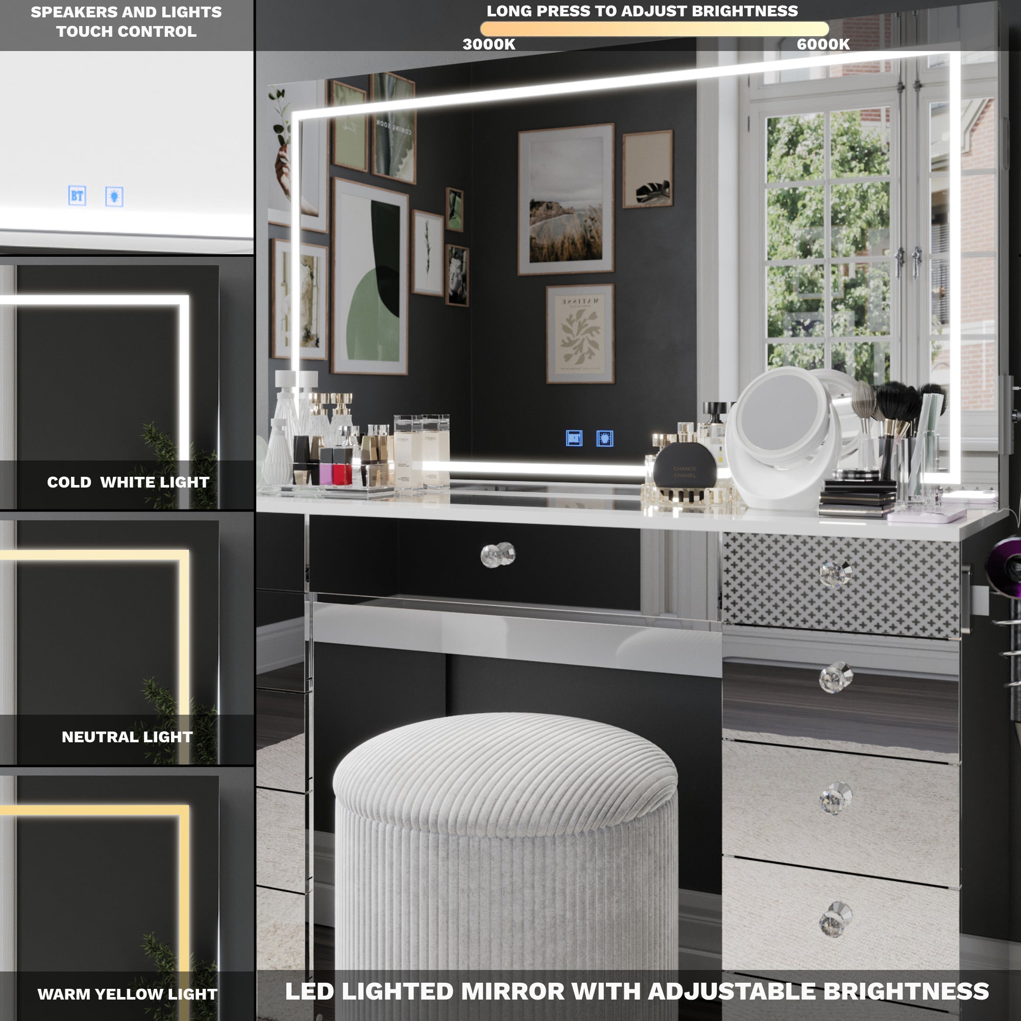 Amelia Premium Makeup Vanity with Full-Width LED Mirror, Bluetooth Speakers, and 11 Storage Drawers | Boahaus Vanity (W)