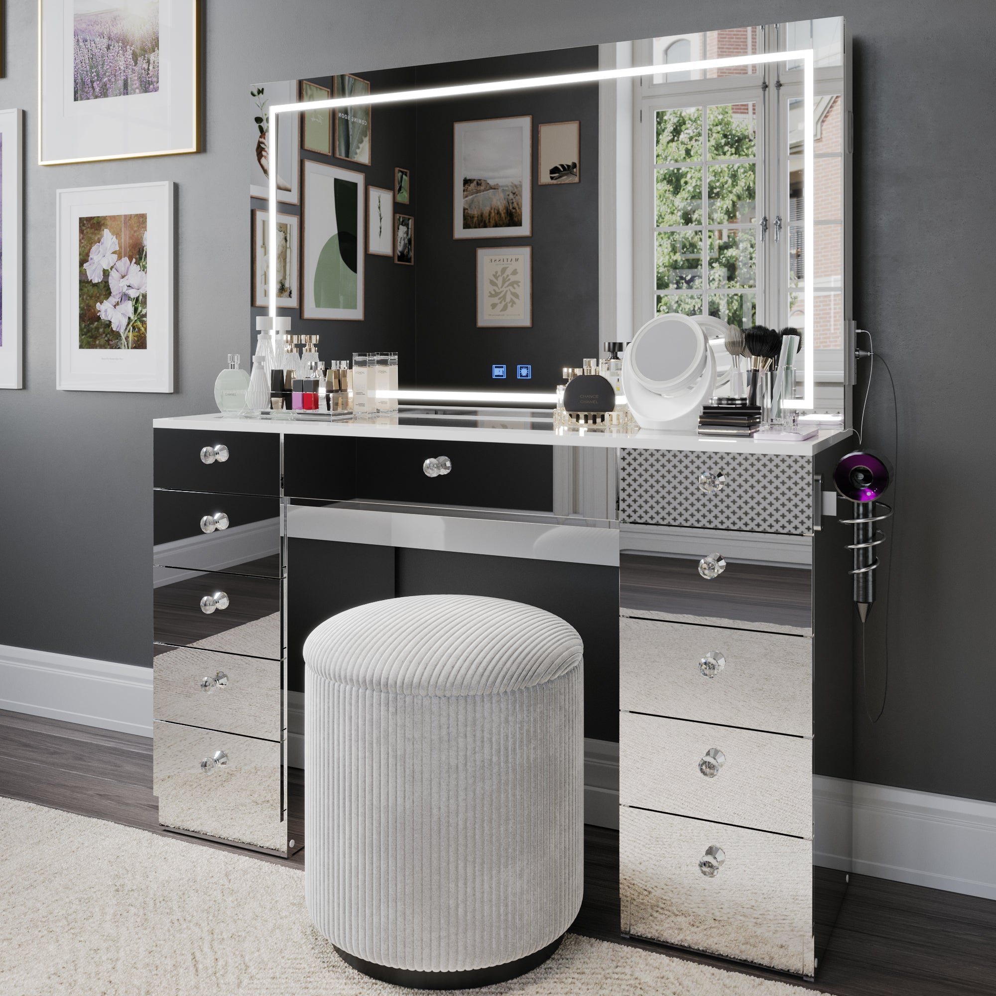 Amelia Premium Makeup Vanity with Full-Width LED Mirror, Bluetooth Speakers, and 11 Storage Drawers | Boahaus Vanity (W)