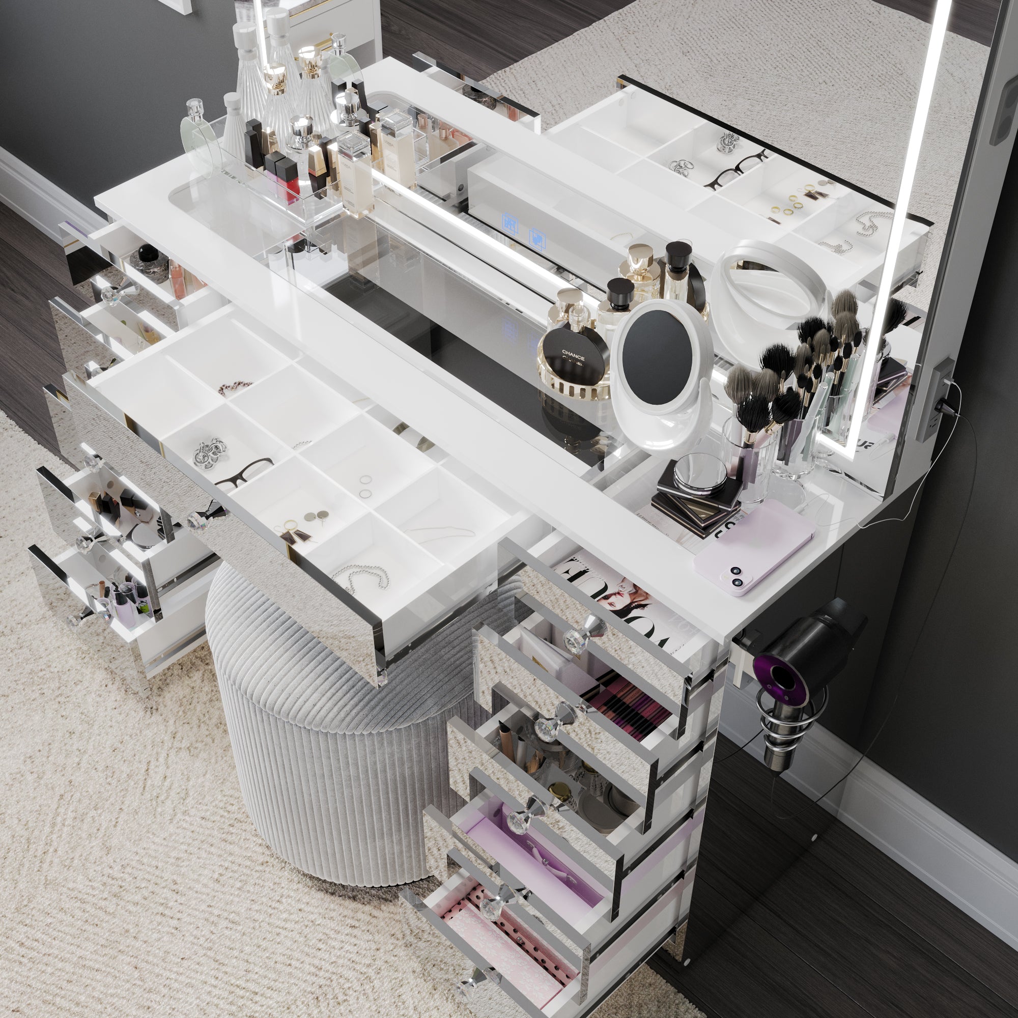 Amelia Premium Makeup Vanity with Full-Width LED Mirror, Bluetooth Speakers, and 11 Storage Drawers | Boahaus Vanity (W)