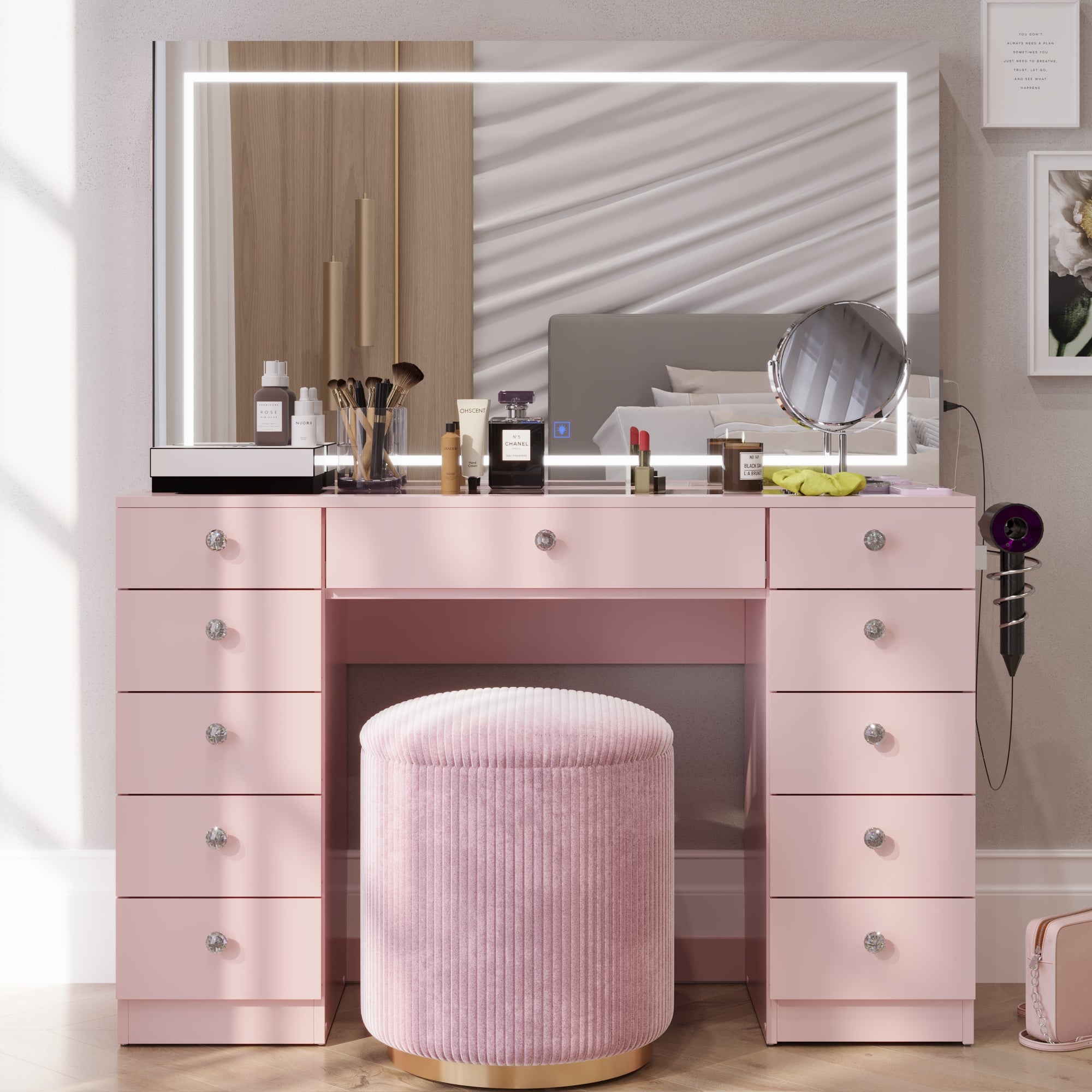 Amelia Premium Makeup Vanity with Full-Width LED Mirror, Bluetooth Speakers, and 11 Storage Drawers | Boahaus Vanity (W)