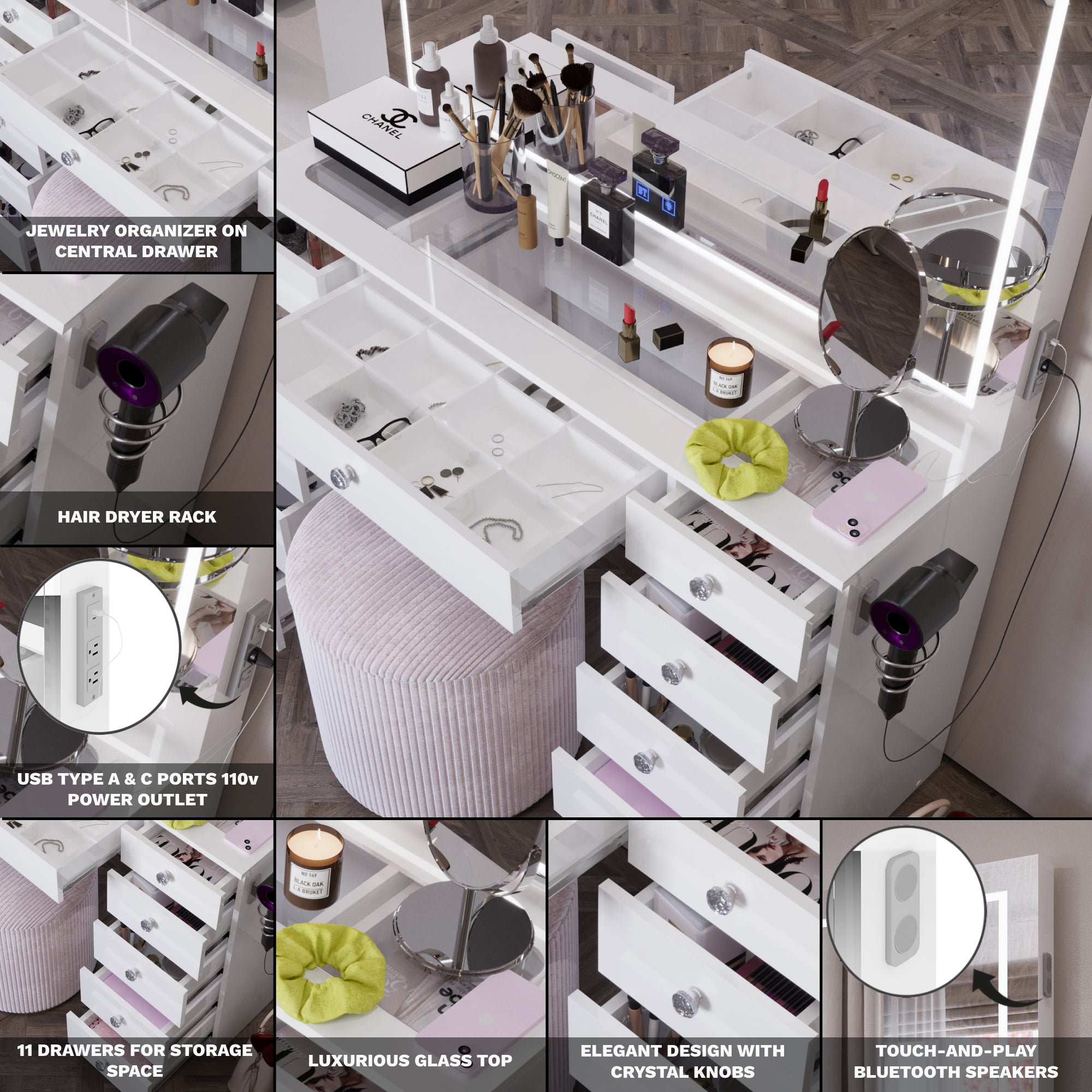Amelia Premium Makeup Vanity with Full-Width LED Mirror, Bluetooth Speakers, and 11 Storage Drawers | Boahaus Vanity (W)