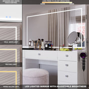 Amelia Premium Makeup Vanity with Full-Width LED Mirror, Bluetooth Speakers, and 11 Storage Drawers | Boahaus Vanity (W)