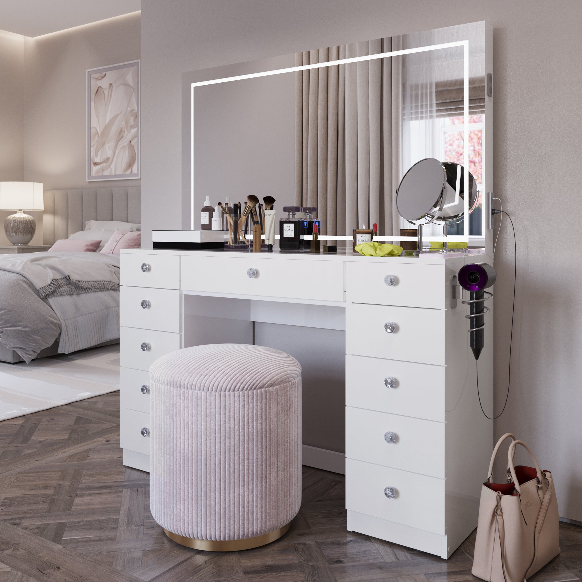 Amelia Premium Makeup Vanity with Full-Width LED Mirror, Bluetooth Speakers, and 11 Storage Drawers | Boahaus Vanity (W)