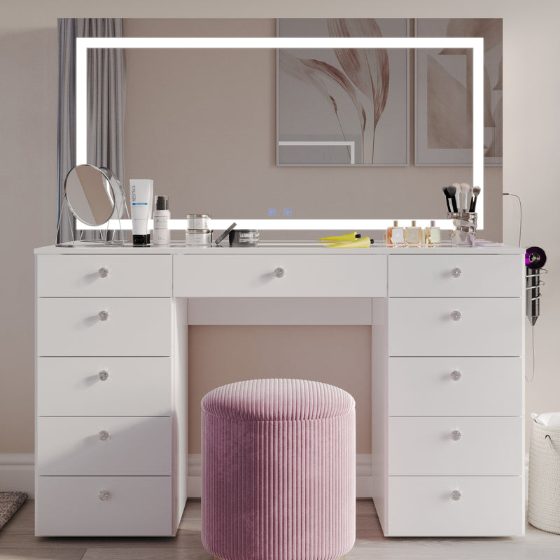 Lydia Extra-Large Premium Makeup Vanity with LED Mirror, Bluetooth Speakers, and 11 Drawers | Boahaus Vanity (W)