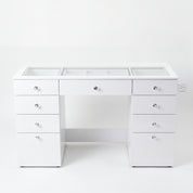 Large Makeup Vanity Desk with Glass Top & 9 Drawers (Base Only / No Mirror)
