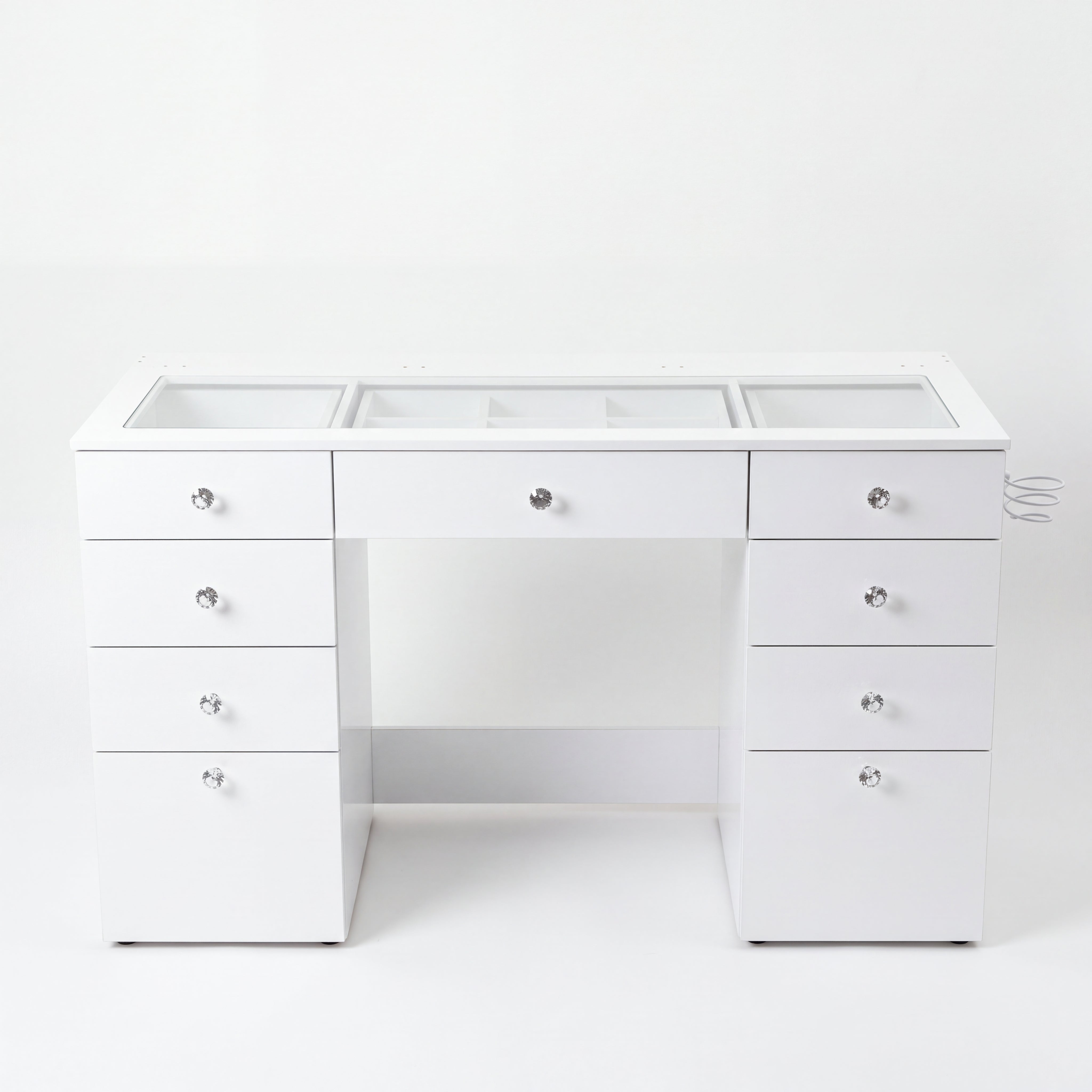 Large Makeup Vanity Desk with Glass Top & 9 Drawers (Base Only / No Mirror)