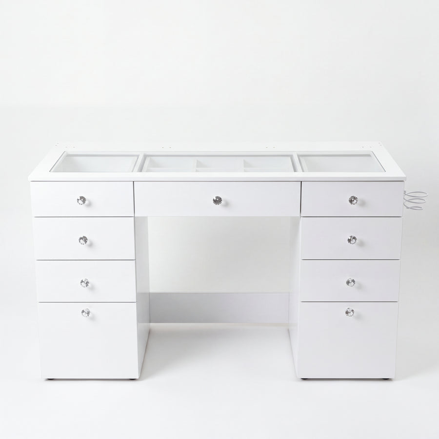 Large Makeup Vanity Desk with Glass Top & 9 Drawers (Base Only / No Mirror)