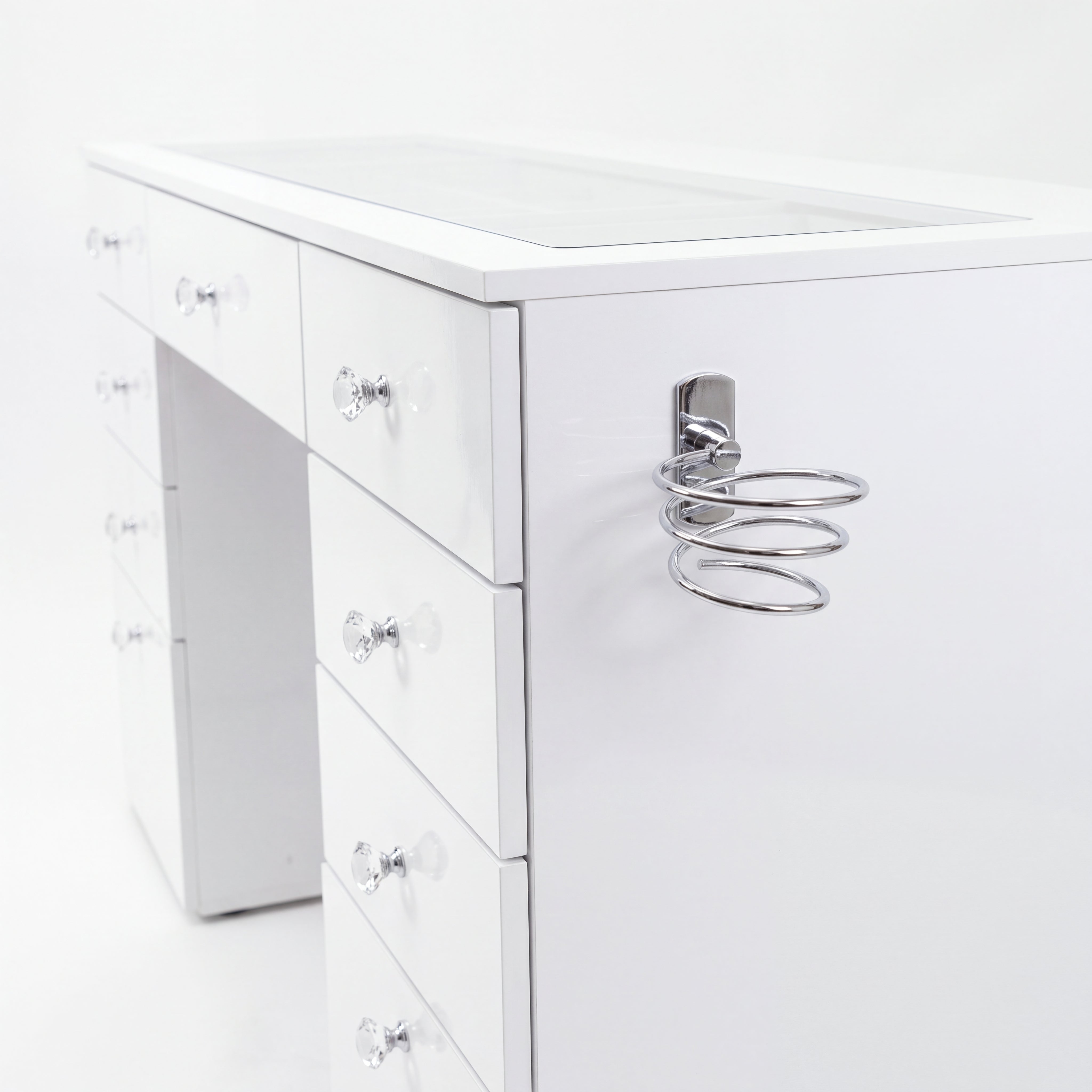 Large Makeup Vanity Desk with Glass Top & 9 Drawers (Base Only / No Mirror)