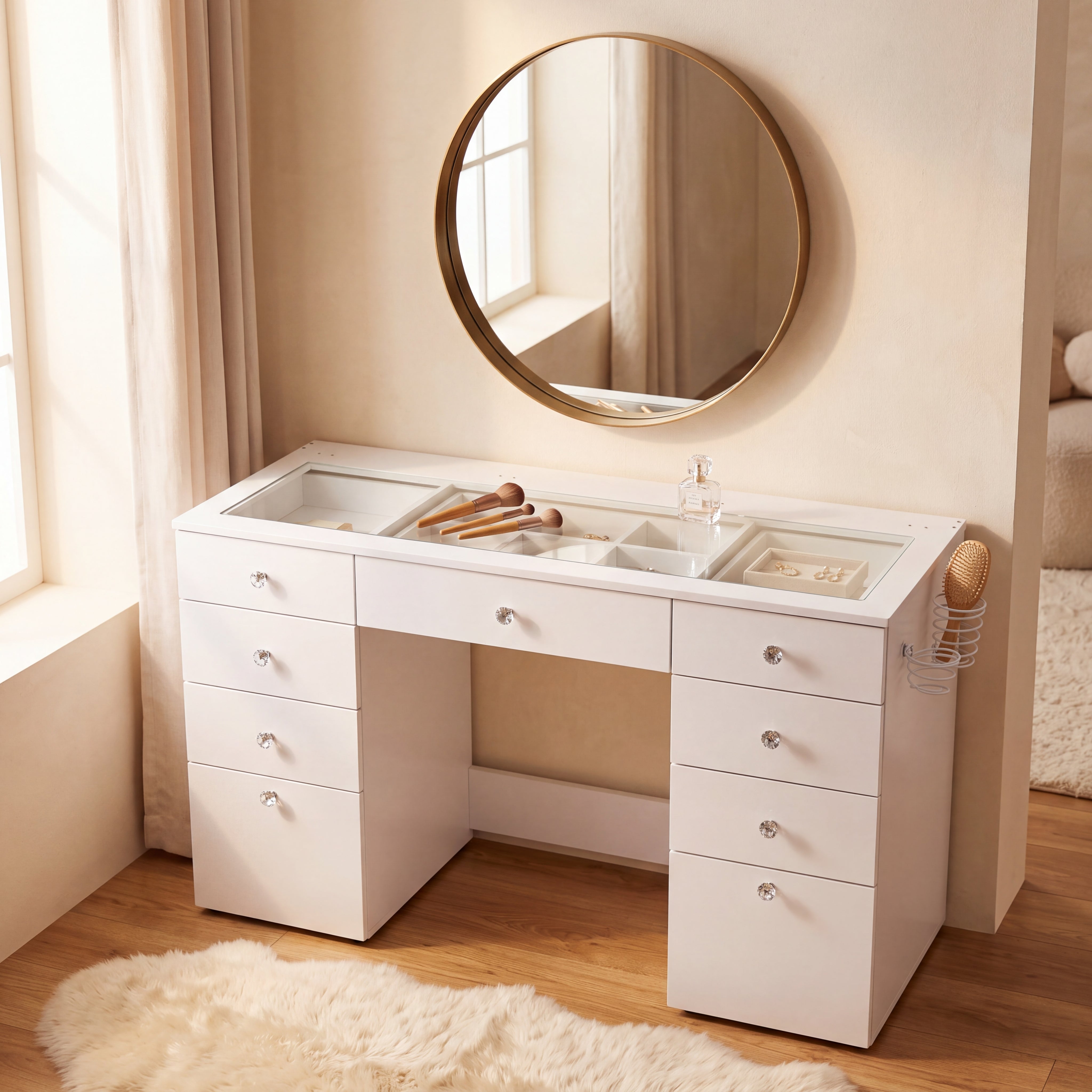 Large Makeup Vanity Desk with Glass Top & 9 Drawers (Base Only / No Mirror)