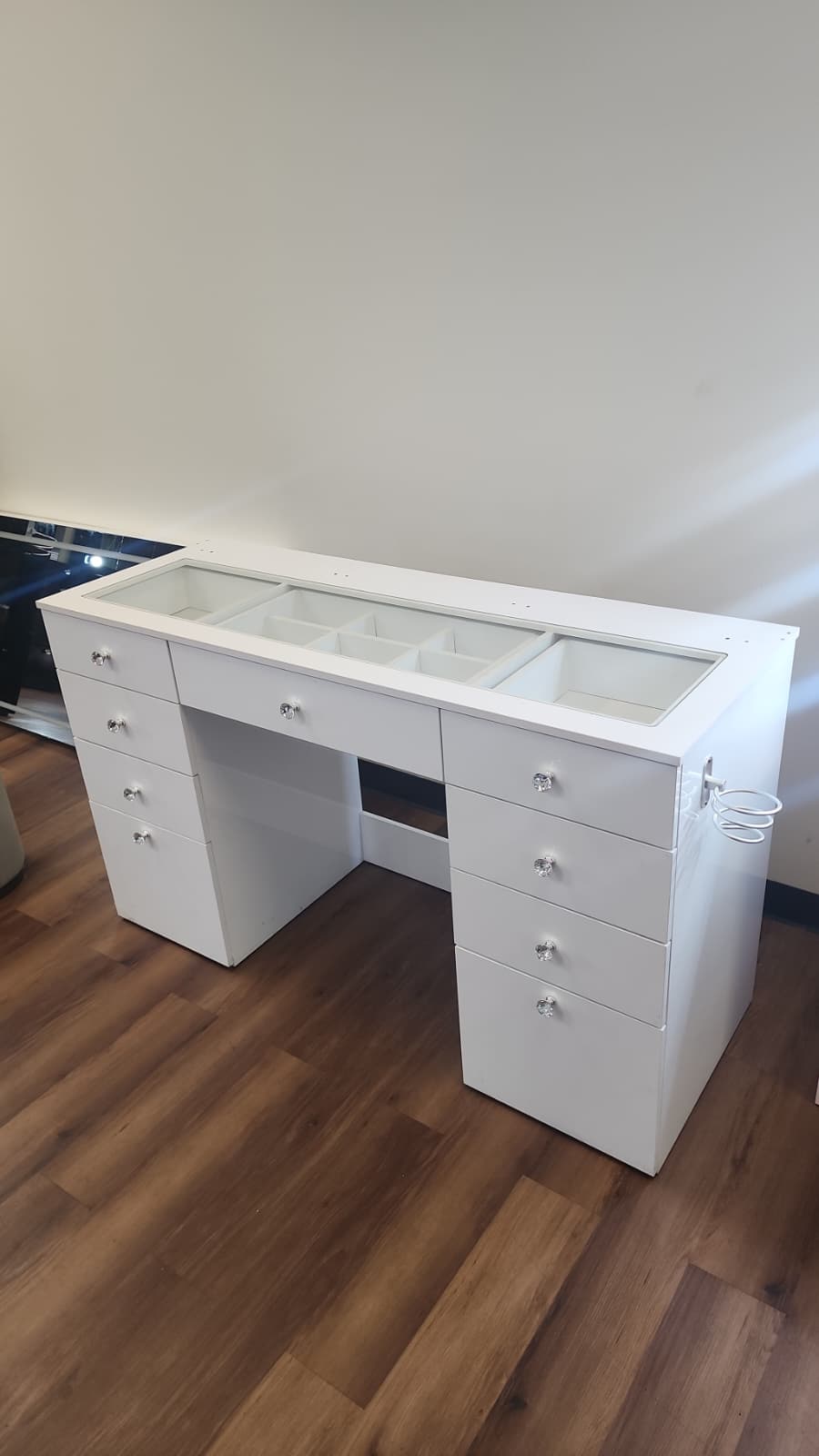 Large Makeup Vanity Desk with Glass Top & 9 Drawers (Base Only / No Mirror)