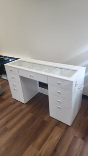 Large Makeup Vanity Desk with Glass Top & 9 Drawers (Base Only / No Mirror)