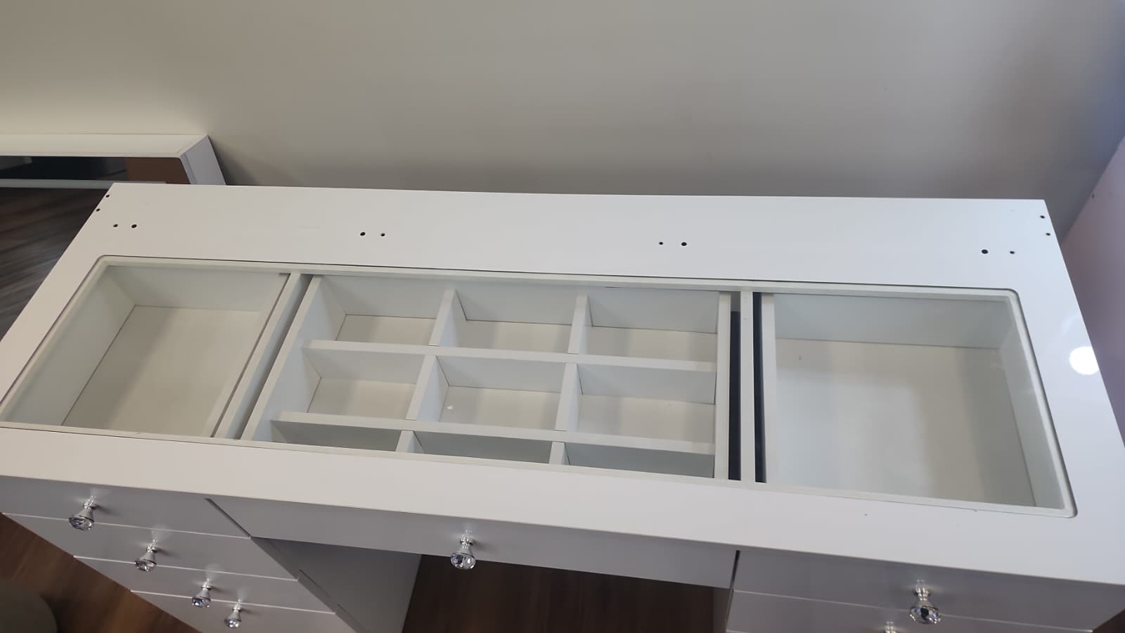 Large Makeup Vanity Desk with Glass Top & 9 Drawers (Base Only / No Mirror)