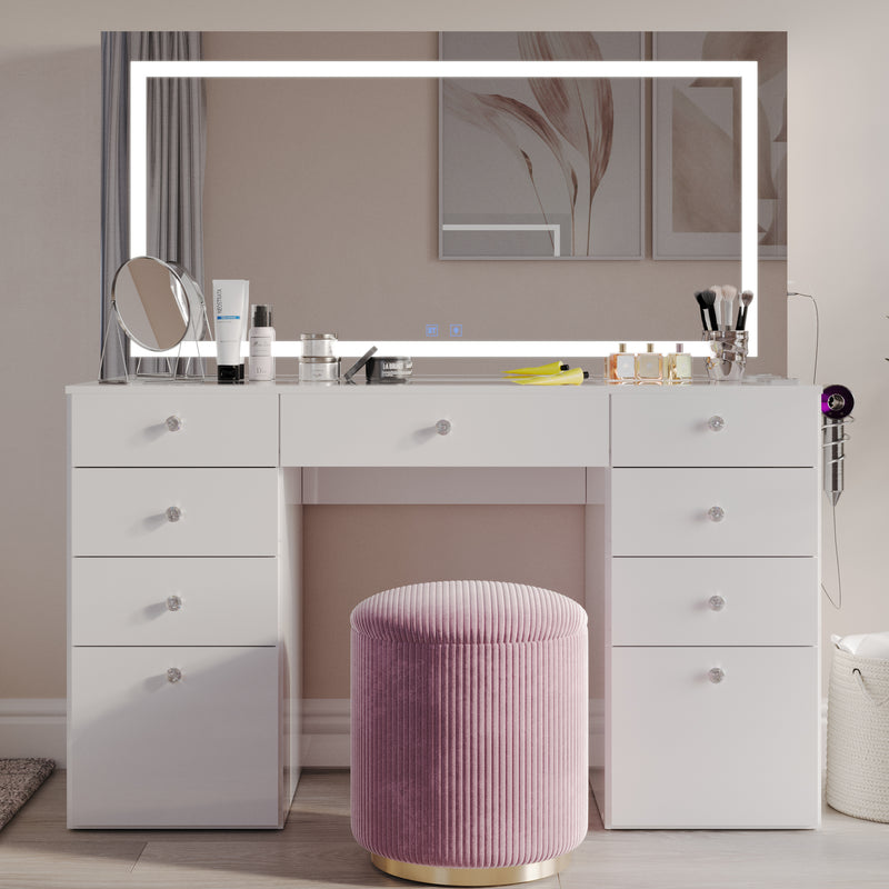 Selina Extra-Large Premium Makeup Vanity with Full-Width LED Mirror, Bluetooth Speakers, and 9 Drawers | Boahaus Vanity