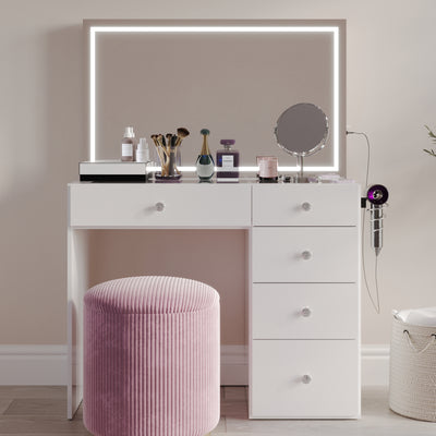 Emilia Premium Makeup Vanity with LED Mirror, Bluetooth Speakers, and 5 Drawers | Boahaus Vanity