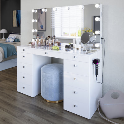 Elle Makeup Vanity with Glass Top, Bluetooth Speakers, and 12 Bright Lights | Premium Boahaus Vanity