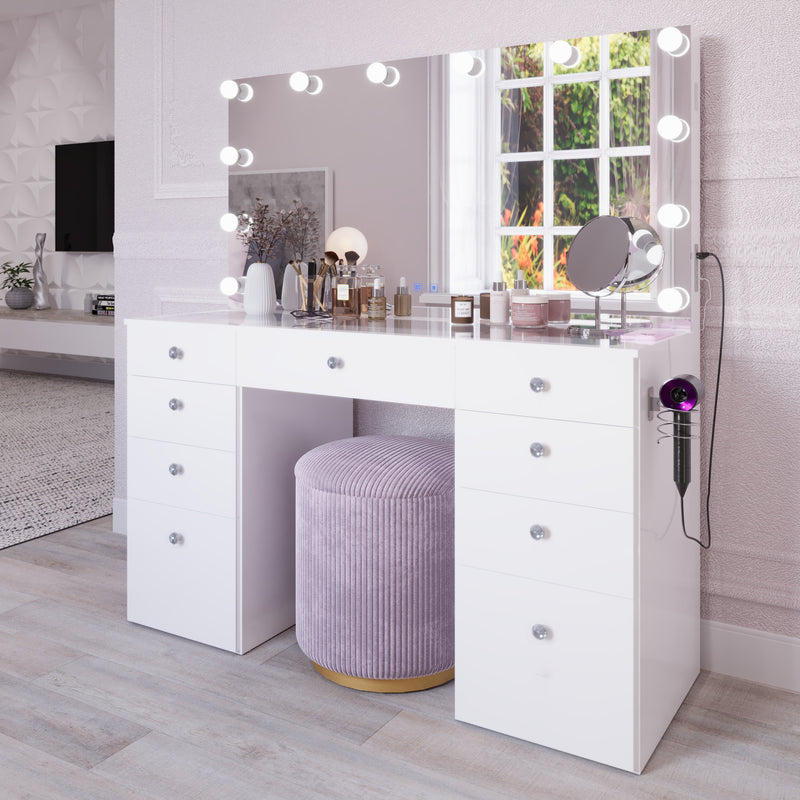 Lola Makeup Vanity with Glass Top, Built-In Lights, and Crystal Knobs | Premium Boahaus Vanity