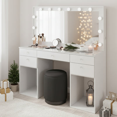 Amira Lighted Vanity Table with Glass Top | White Premium Design