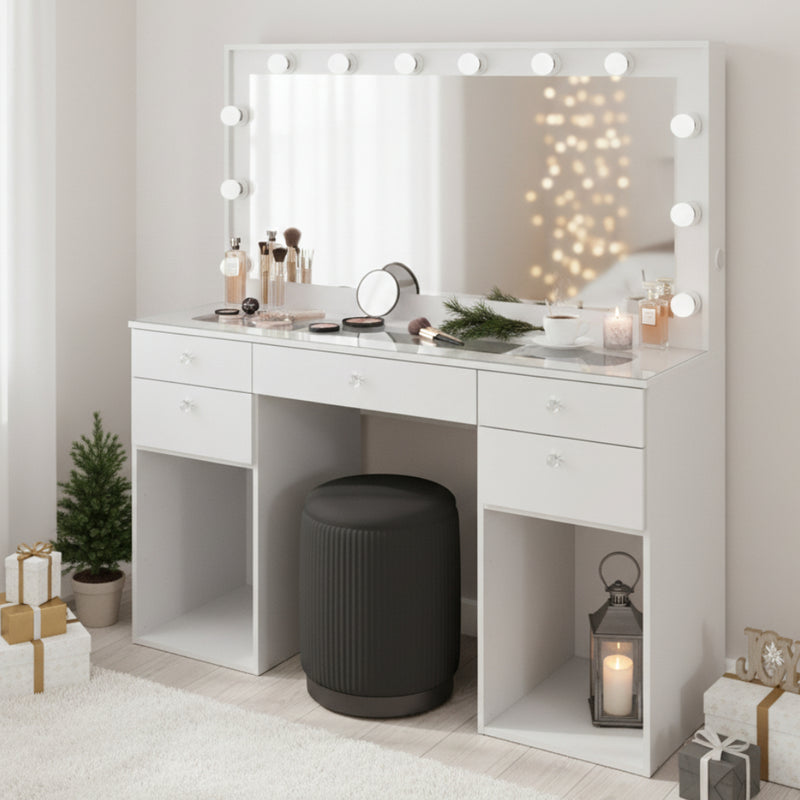 Amira Lighted Vanity Table with Glass Top | White Premium Design